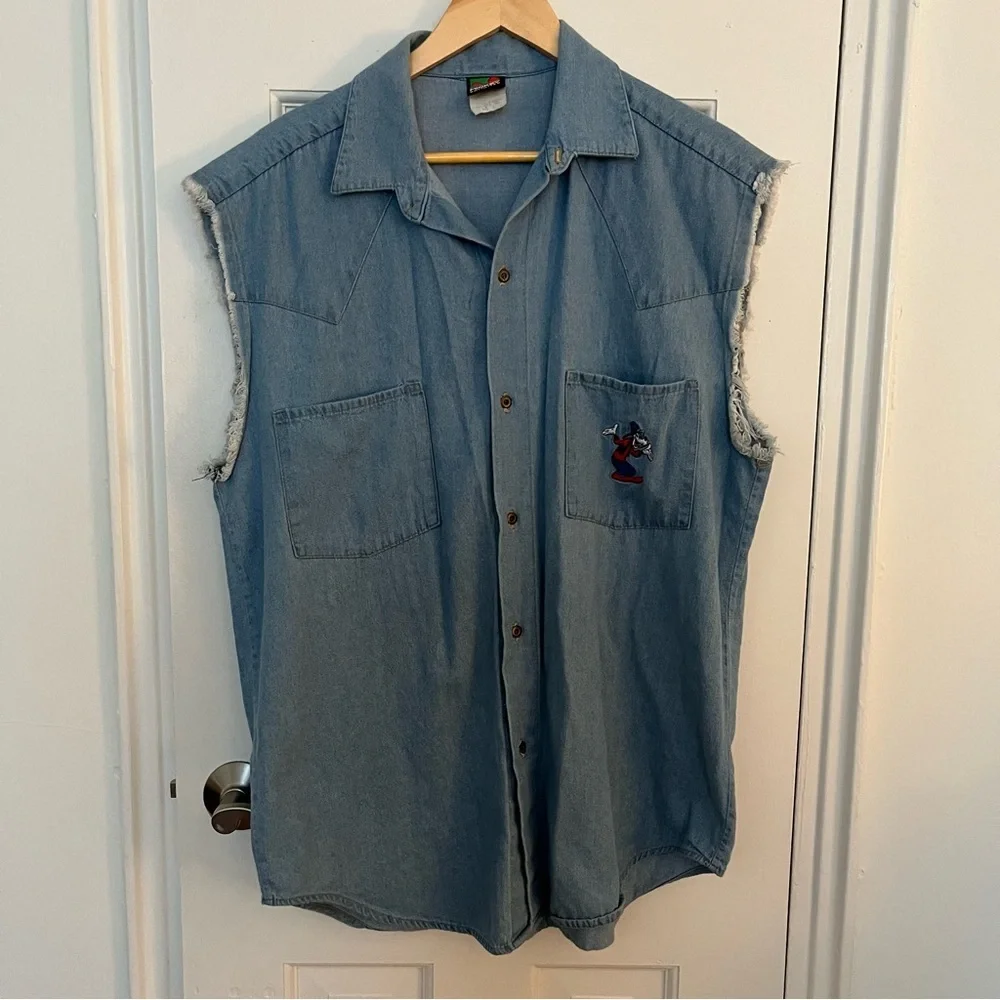DISNEY Vintage Denim Goofy Vest Button Up Top Mickey Unlimited Fringe Large - Picture 2 of 5